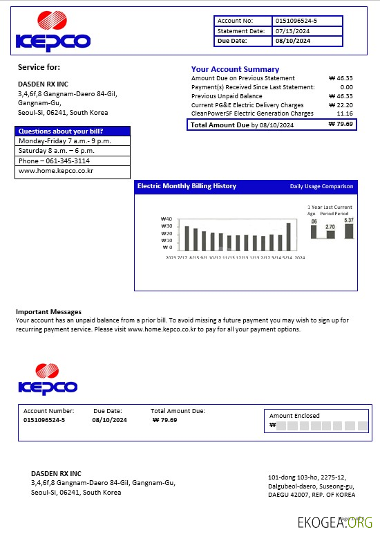 Modèle de facture de services publics d'électricité de la South Korea Electric Power Corporation aux formats Word et PDF